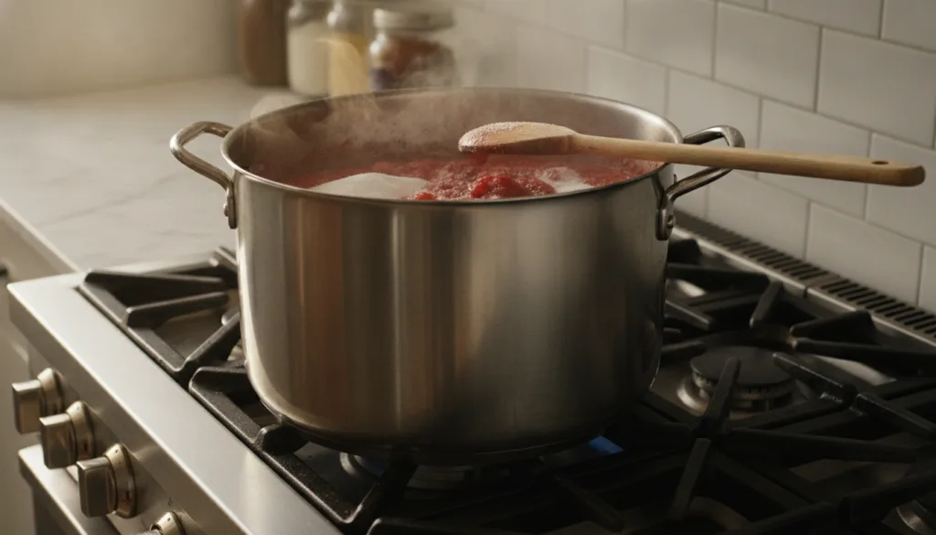 A wide shot of a large stainless steel pot on a stove filled with crushed strawberries and sugar gently simmering Steam 