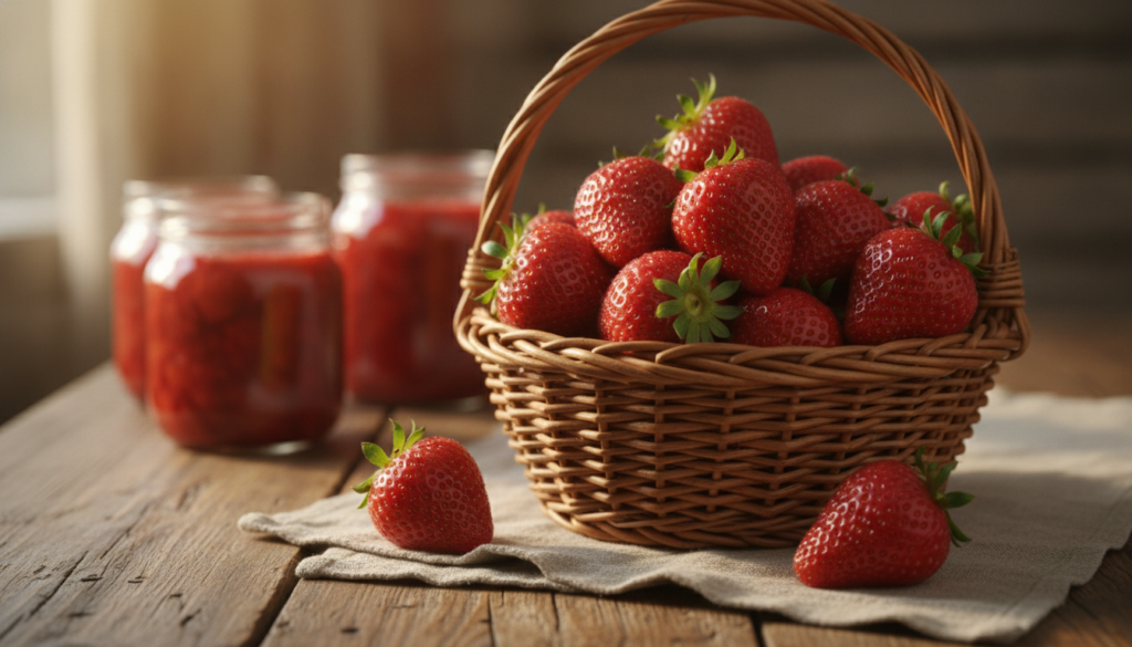 A close-up shot of freshly picked ripe red strawberries in a rustic basket with a few jars of homemade strawberry preser