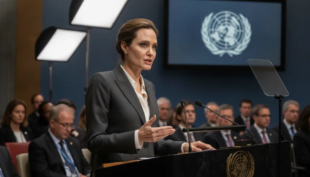 Angelina Jolie at a United Nations event speaking passionately about humanitarian issues