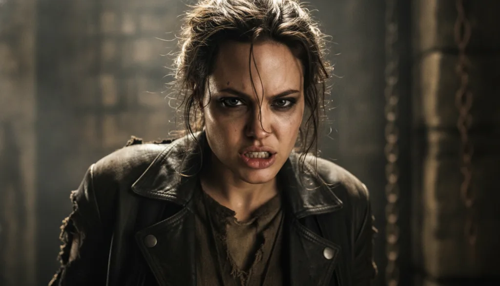 Young Angelina Jolie in an early film role with a fierce and intense expression