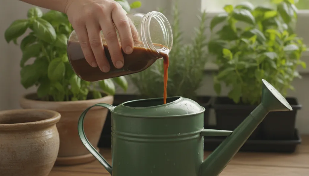 A close-up of a gardener s hands mixing homemade liquid fertilizer in a watering can with healthy herb plants in the bac