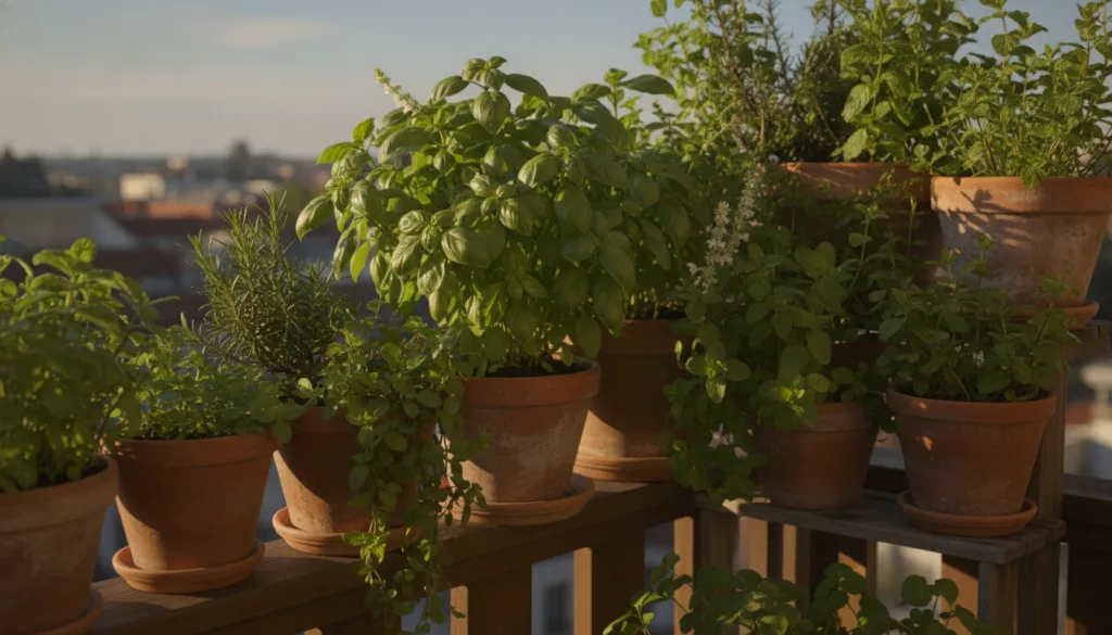A beautiful thriving balcony herb garden with various herbs in terracotta pots well-lit by natural sunlight