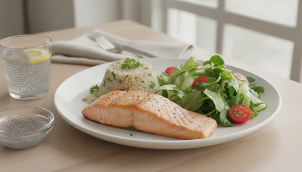A healthy meal of grilled salmon quinoa and a green salad with tomatoes and cucumbers with a glass of hydrated chia seed