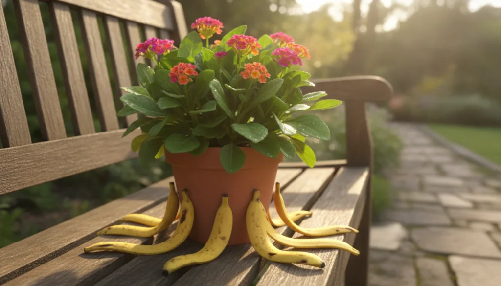 A vibrant healthy potted plant with lush green leaves and colorful flowers with banana peels artistically arranged near 