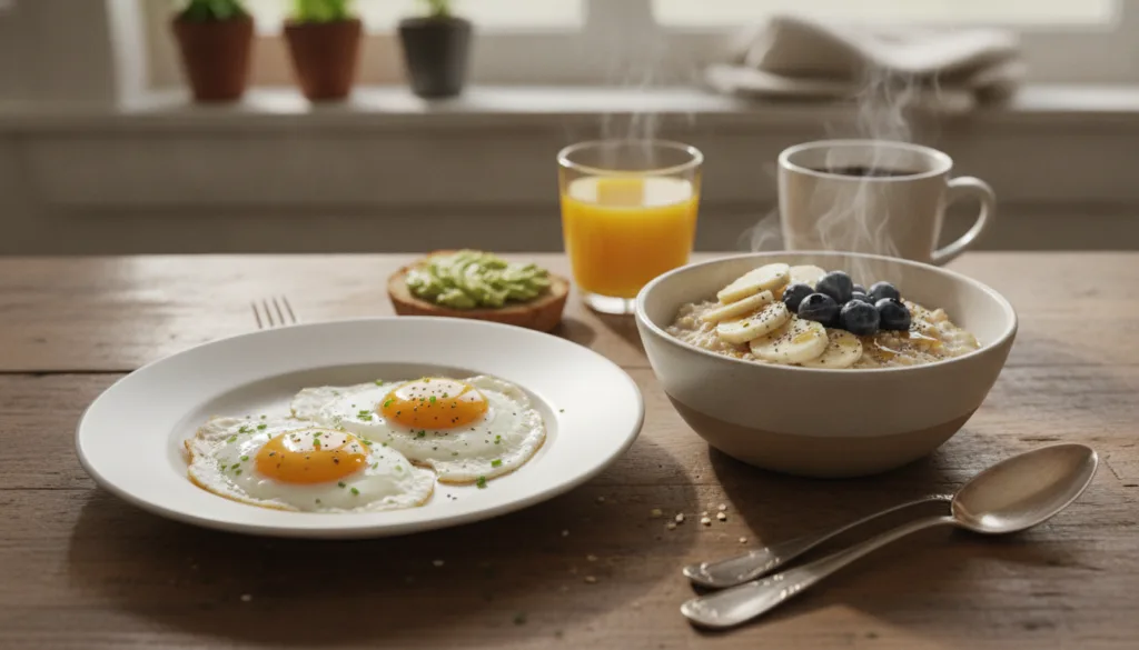 A balanced breakfast plate featuring both fried eggs and a small bowl of oatmeal with berries and banana suggesting a ba