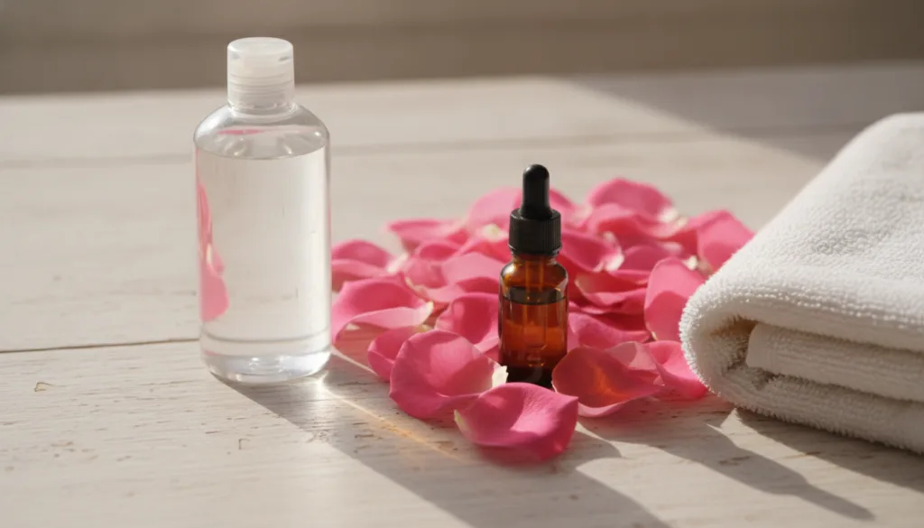 A bottle of baby oil next to natural elements like rose petals a small glass dropper bottle and a soft towel evoking a D