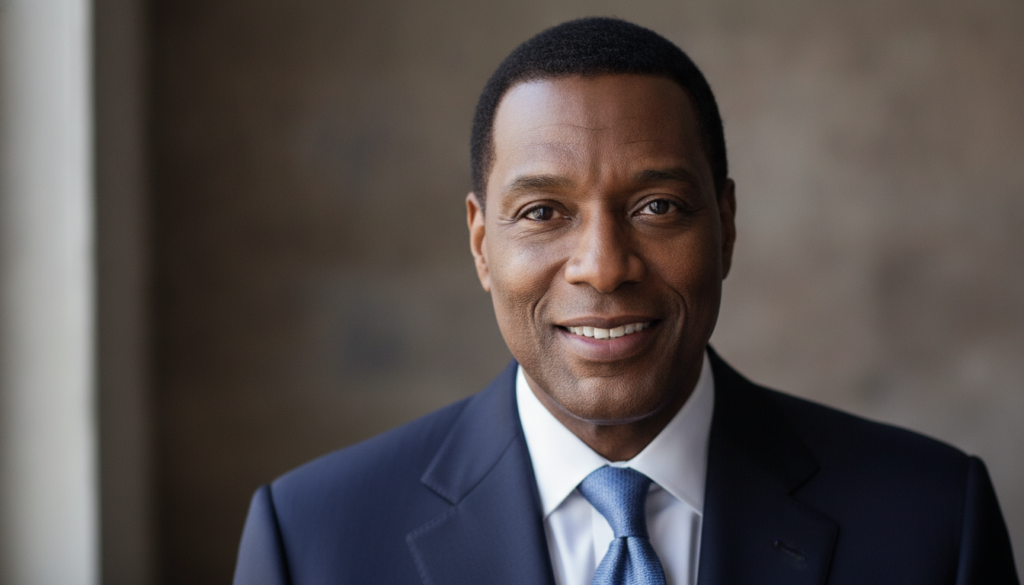 A striking portrait of Denzel Washington smiling captured with professional lighting