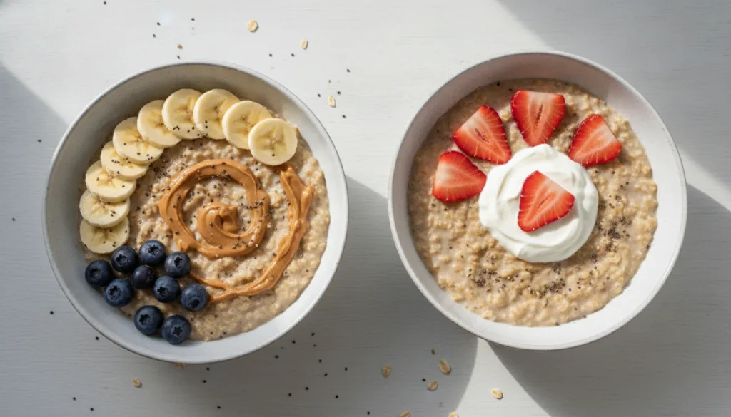 Two distinct bowls of oatmeal one labeled Before Exercise with banana blueberries chia and peanut butter and the other A
