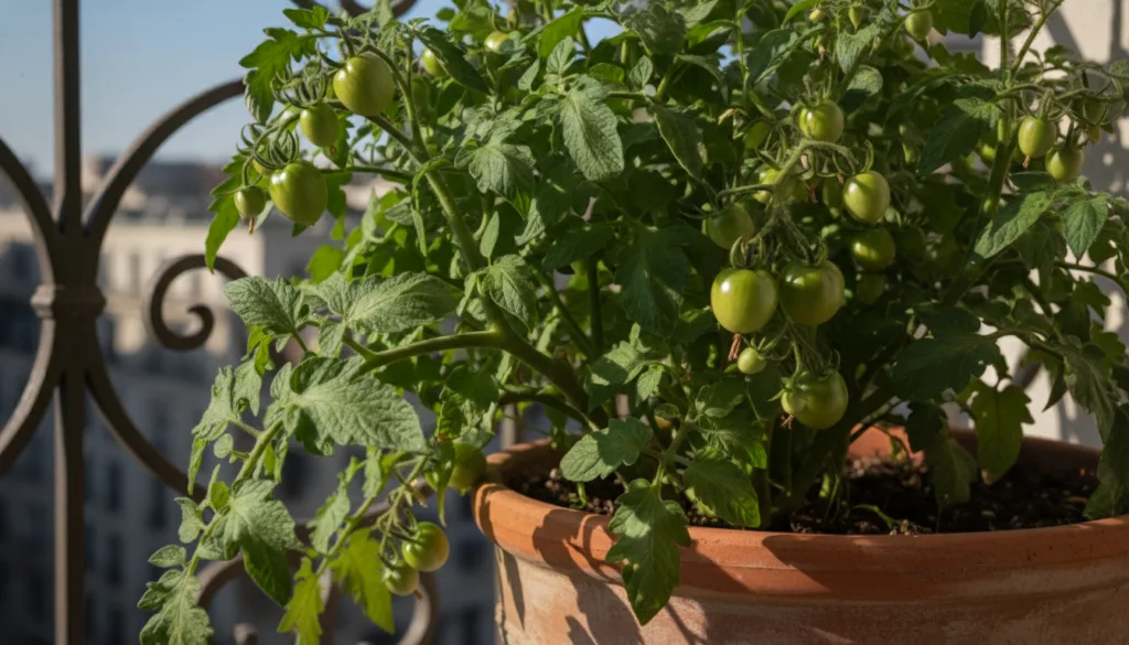 A close-up of a healthy tomato plant in a large pot on a balcony with several green tomatoes forming and vibrant leaves 