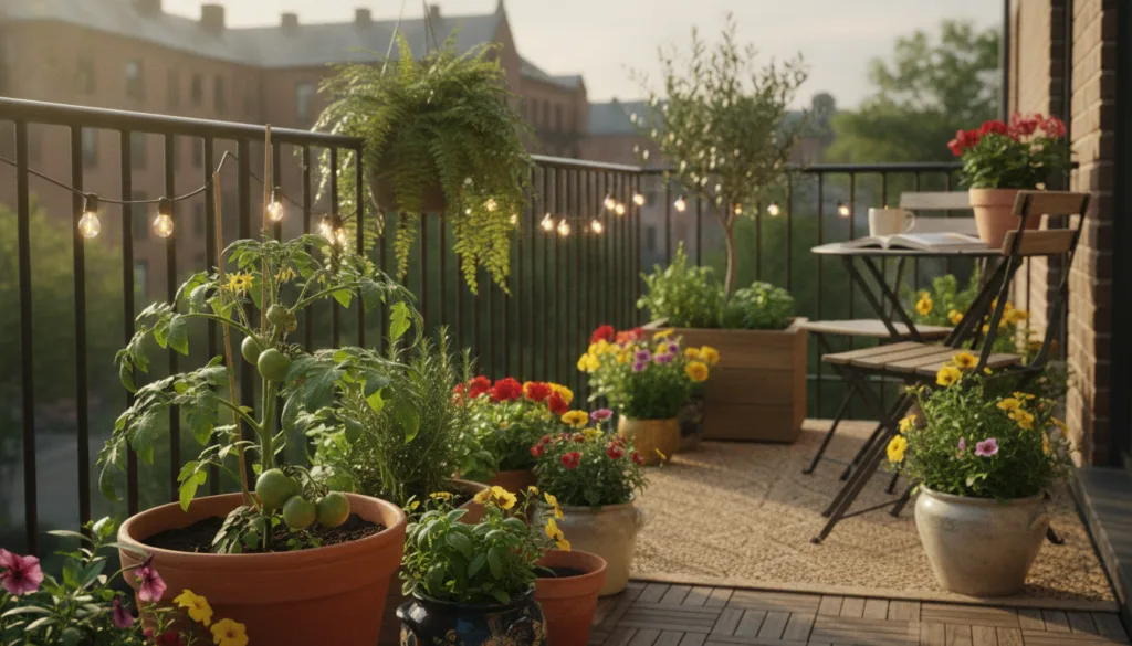 An inspiring balcony garden setup with various potted plants including a young tomato plant The setting is a cozy urban 
