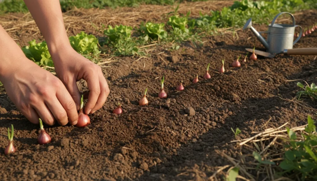 A gardener planting small onion sets into prepared garden soil showing the hand placing the set and the tips visible abo