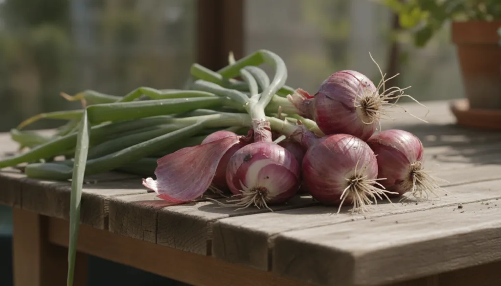 A close-up shot of freshly harvested red onions with some soil clinging to their roots and vibrant green tops laid out o