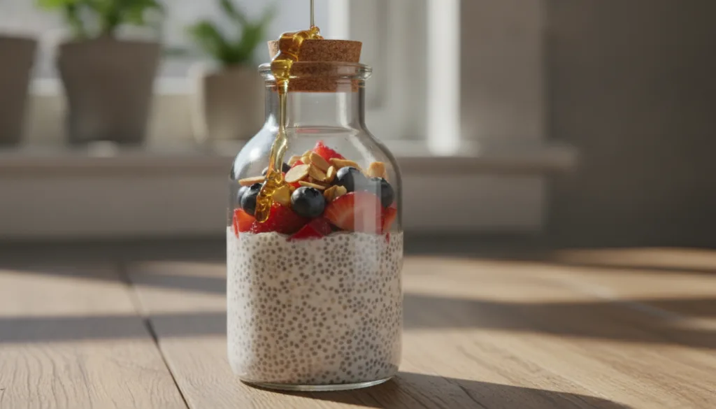 A vibrant healthy chia seed pudding in a glass jar topped with fresh berries nuts and a drizzle of honey showcasing a de