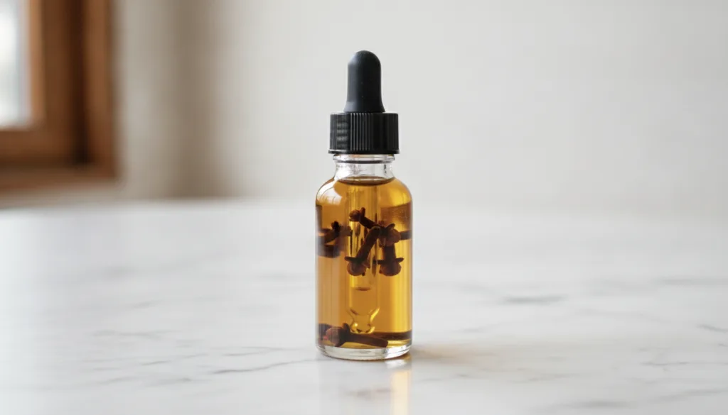 A small glass bottle with a dropper containing a golden-brown oil infused with whole cloves The bottle is placed next to