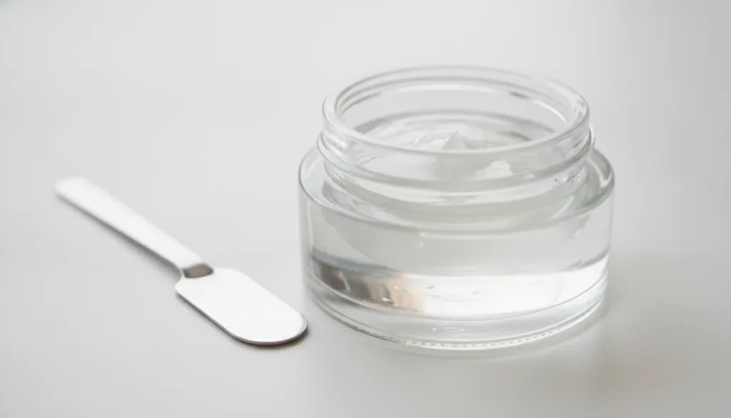 A small clear glass container holding a smooth glossy mixture of petroleum jelly and baby oil A small spatula or spoon i