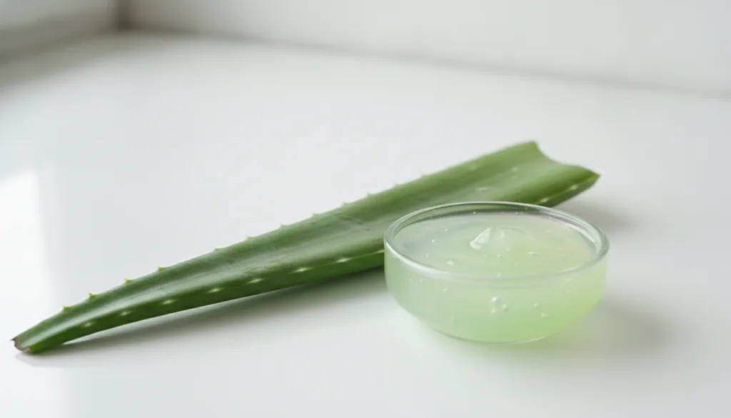 A small green aloe vera leaf next to a small glass dish containing a smooth light green mixture of aloe vera gel and cle