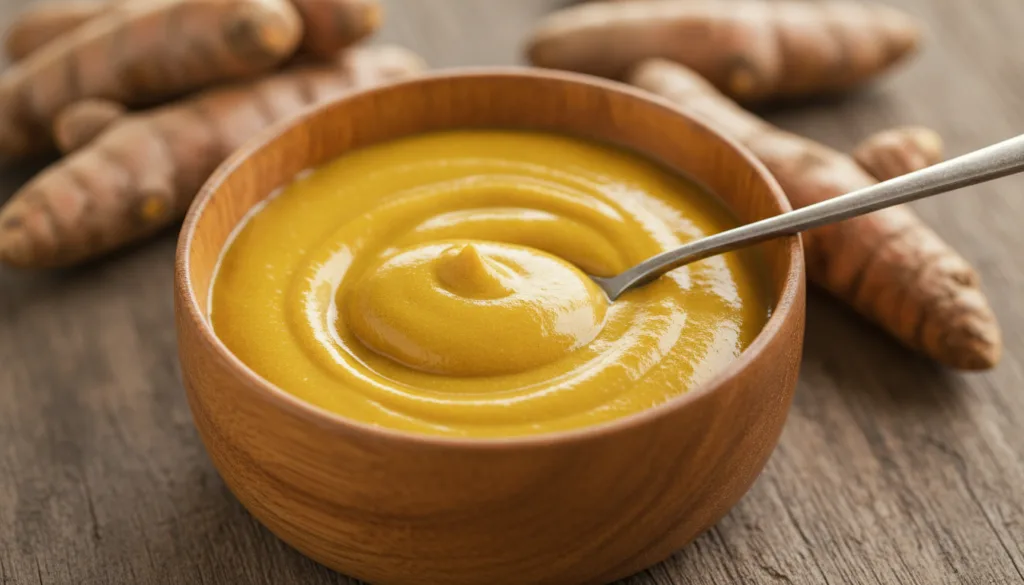 A small wooden bowl filled with a golden-yellow turmeric mask mixed with clear baby oil A small spoon is dipped into the