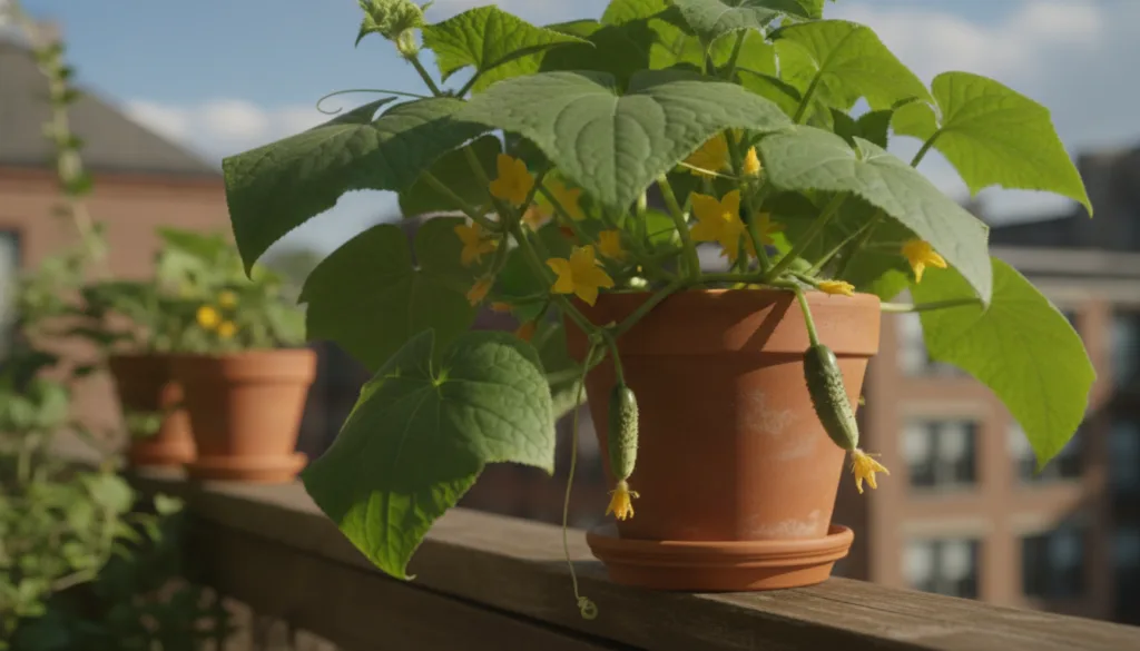 A lush cucumber plant growing in a container on a sunny balcony with small cucumbers visible among the leaves