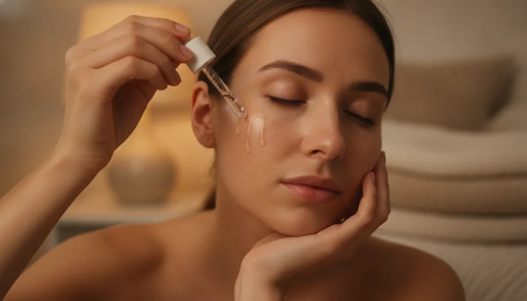 A person gently applying a few drops of serum to their clean face at night with a soft warm glow in the background