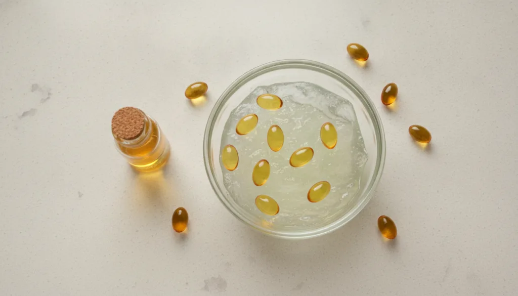 Ingredients for the serum a bowl of fresh aloe vera gel vitamin E capsules and a small bottle of essential oil on a clea