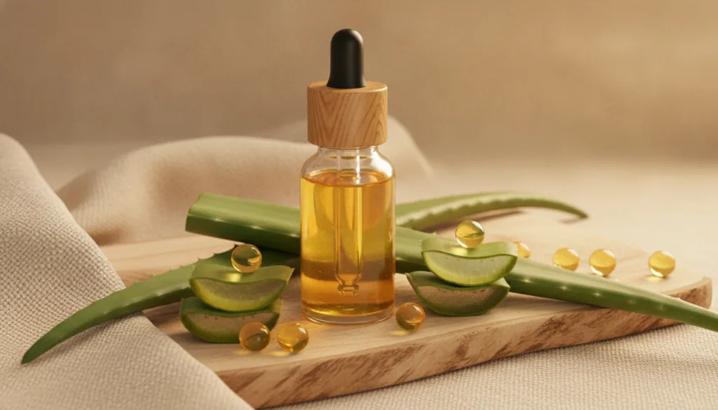 A beautiful glass dropper bottle filled with a golden luminous serum surrounded by fresh aloe vera leaves and small vita