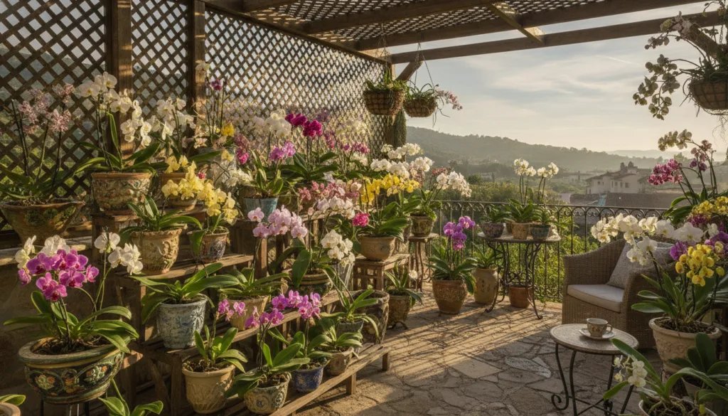 A serene balcony garden filled with various types of healthy blooming orchids in pots bathed in soft morning light