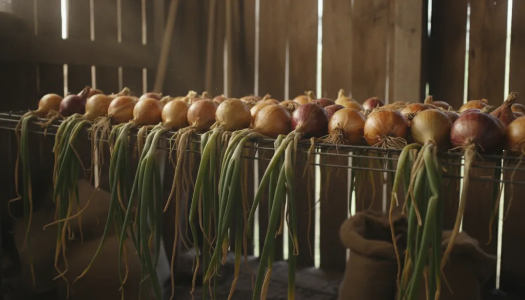 A close-up of freshly harvested onions laid out to cure with their dry tops and roots visible on a mesh screen or newspa