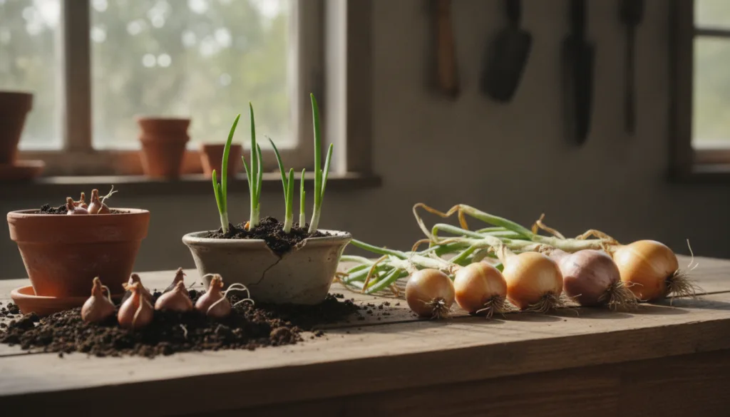 A visual representation of onion growth stages from small sets in the soil to mature green plants and finally harvested 