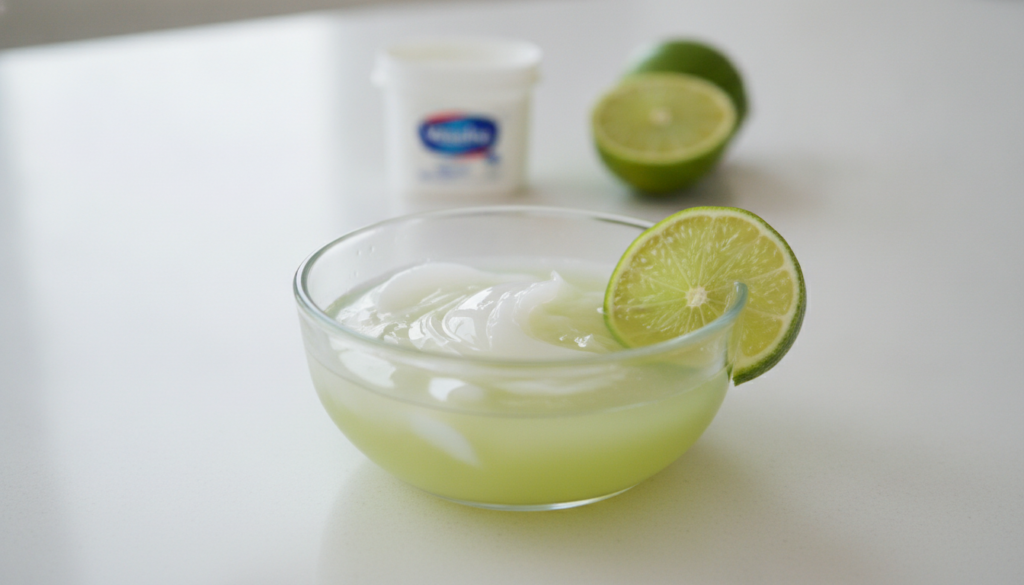 A close-up shot of a small bowl containing a mixture of Vaseline and a squeeze of lime juice with a fresh lime slice and