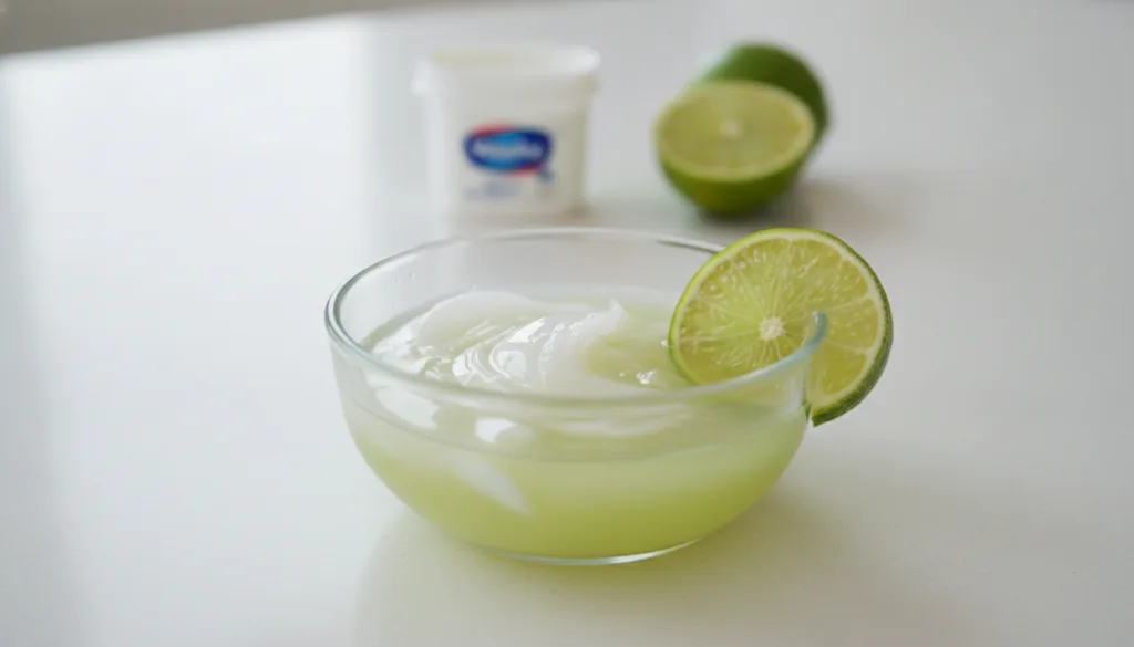 A close-up shot of a small bowl containing a mixture of Vaseline and a squeeze of lime juice with a fresh lime slice and