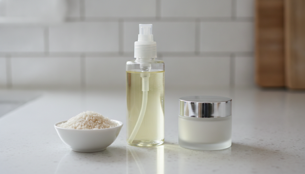 A close-up of the three main ingredients a bottle of baby oil a bowl of white rice and a jar of collagen cream arranged 