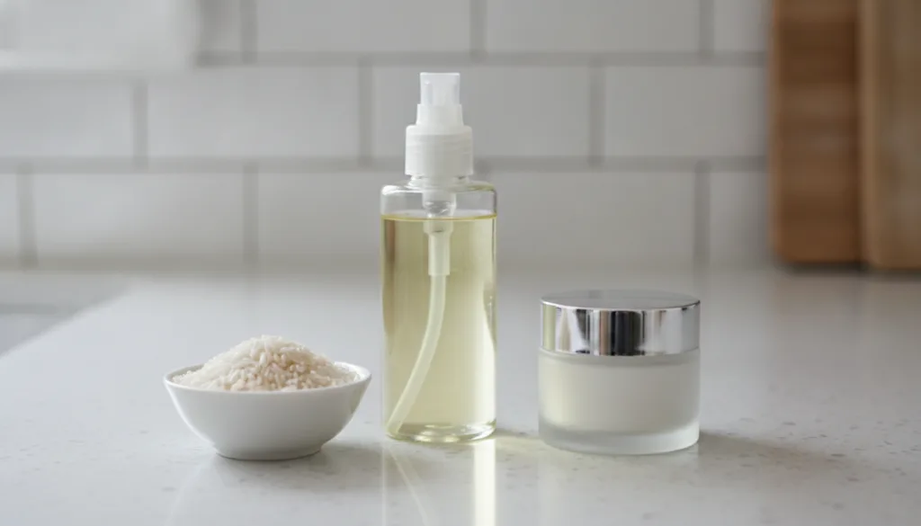 A close-up of the three main ingredients a bottle of baby oil a bowl of white rice and a jar of collagen cream arranged 