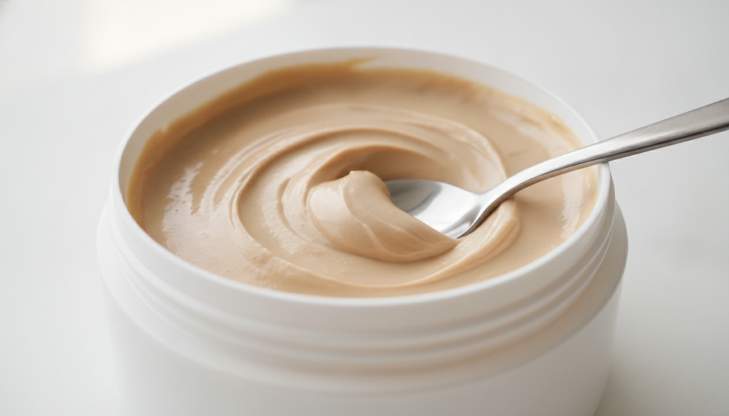 Close-up of a smooth light brown homemade cream in a white tub after mixing with a spoon resting inside