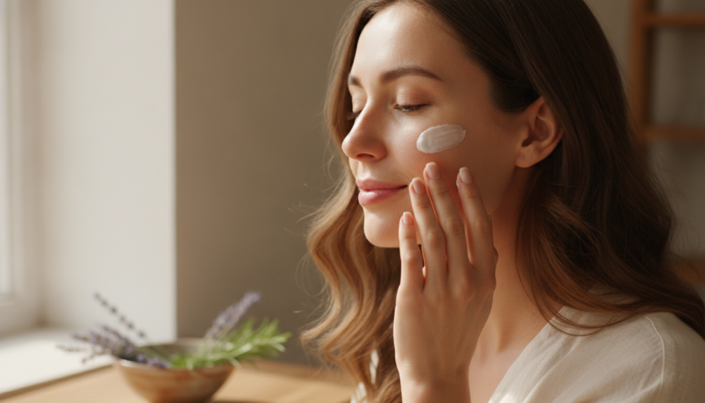 Woman gently applying homemade cream to her face showing smooth glowing skin