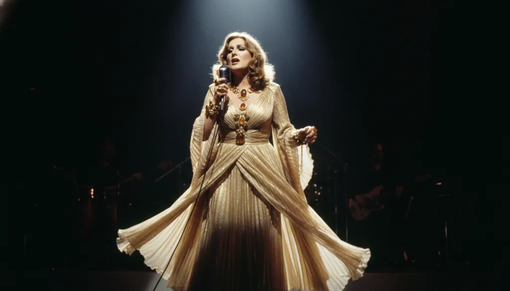A real archival photo of Barbra Streisand performing on stage wearing an elaborate outfit and distinctive jewelry from t
