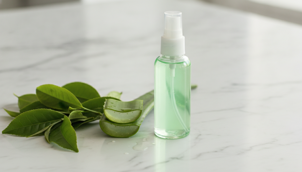 A clear spray bottle containing a light green mist surrounded by fresh green tea leaves and a cut aloe vera leaf on a wh