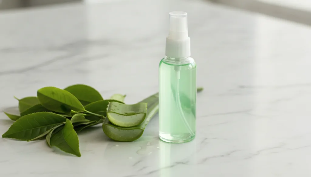 A clear spray bottle containing a light green mist surrounded by fresh green tea leaves and a cut aloe vera leaf on a wh
