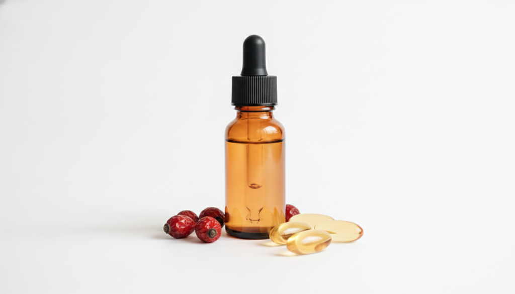A small amber glass dropper bottle filled with a light orange rosehip serum with a few rosehip berries and vitamin E cap