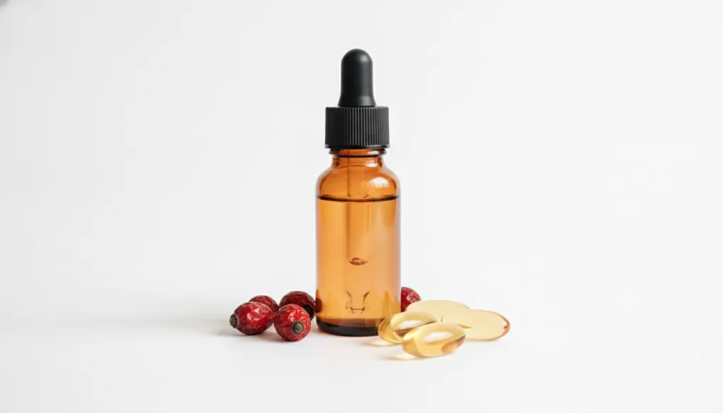 A small amber glass dropper bottle filled with a light orange rosehip serum with a few rosehip berries and vitamin E cap