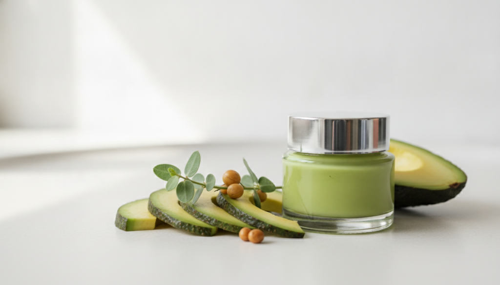A small glass jar of thick creamy green avocado and jojoba oil balm with fresh avocado slices and a jojoba branch on a l