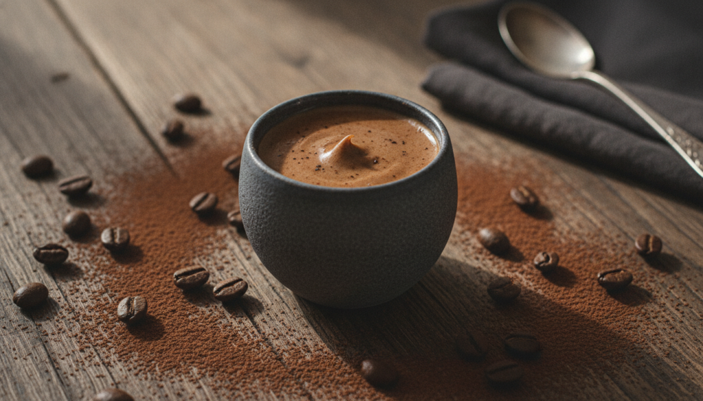 A small pot of coffee and cocoa eye cream with coffee beans and cocoa powder dusted around it on a dark rustic surface