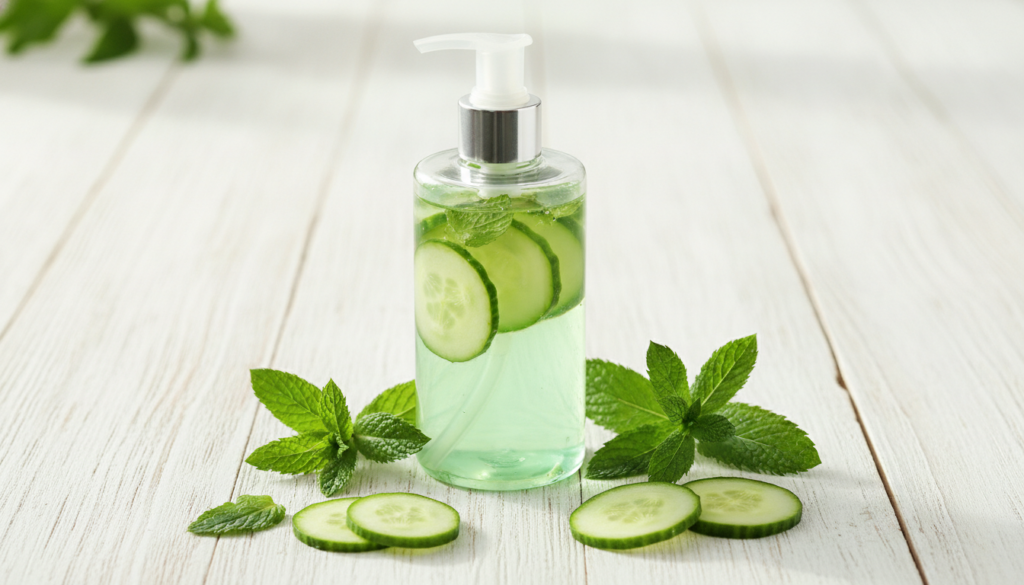 A clear glass bottle of cucumber and mint toner with cucumber slices and fresh mint leaves on a light wooden background