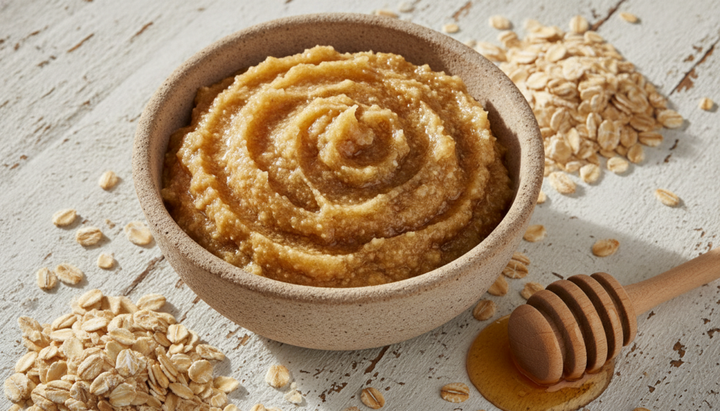 A small bowl of honey and oatmeal exfoliating scrub with raw oats and a honey dipper on a rustic white surface