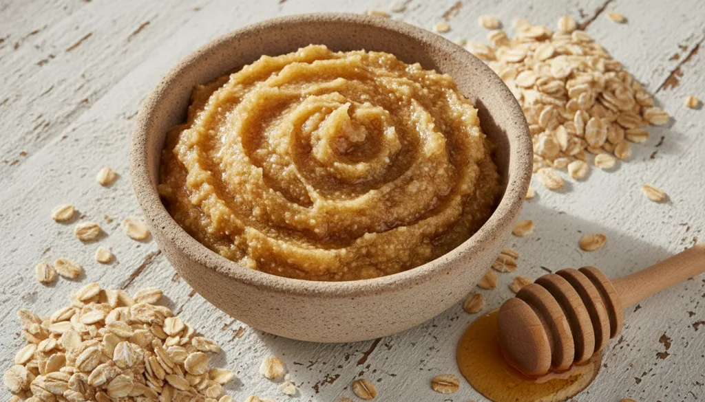 A small bowl of honey and oatmeal exfoliating scrub with raw oats and a honey dipper on a rustic white surface