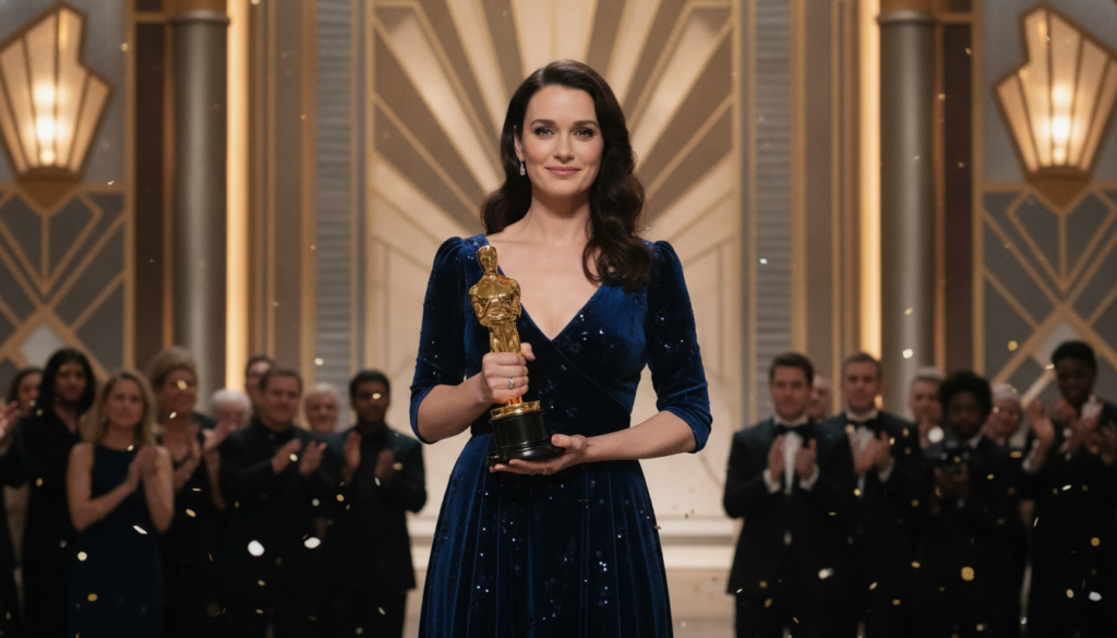 Rachel Weisz holding an Academy Award smiling at a prestigious awards ceremony