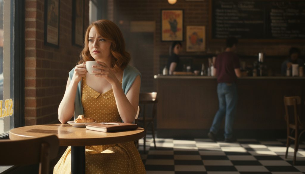 Emma Stone in a scene from La La Land playing the character Mia looking reflective or dreaming