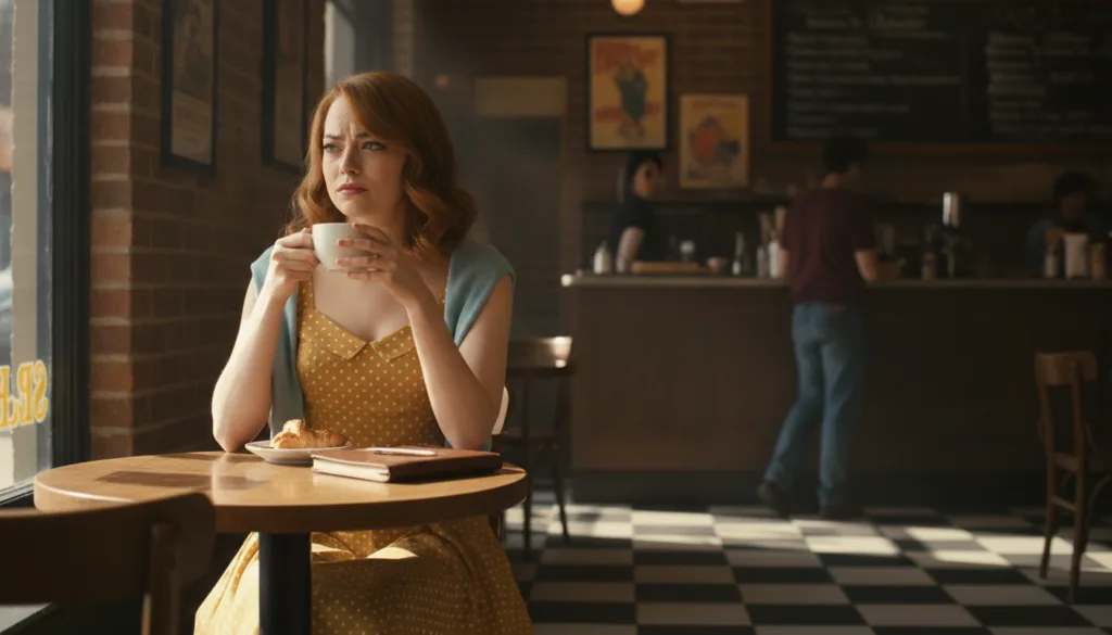 Emma Stone in a scene from La La Land playing the character Mia looking reflective or dreaming