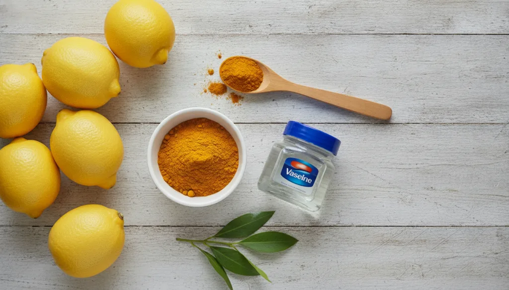 A flat lay of ingredients for a DIY mask fresh lemons a small bowl of yellow turmeric powder and a jar of Vaseline There