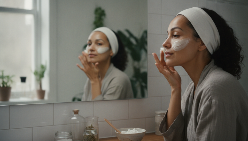 A woman gently applying a thin layer of face cream to her cheek in a well-lit bathroom setting