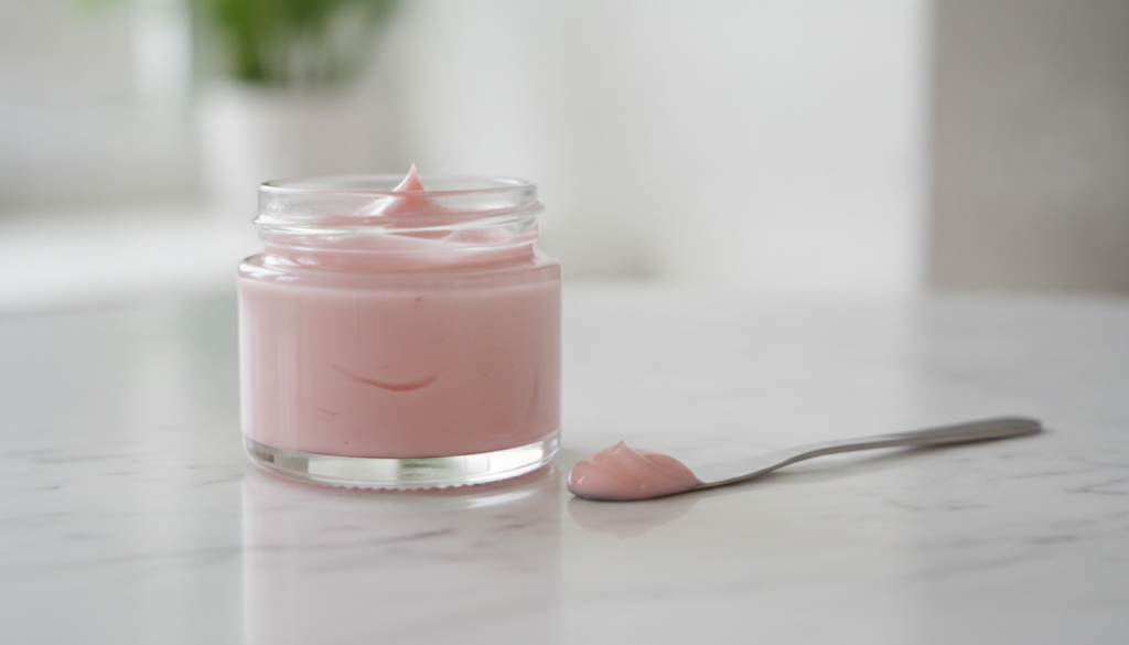 A small clean jar filled with a mixed pinkish Vaseline and oil cream on a marble surface